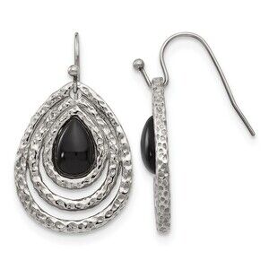 Stainless Steel Polished & Textured Black Onyx Shepherd Hook Earrings
